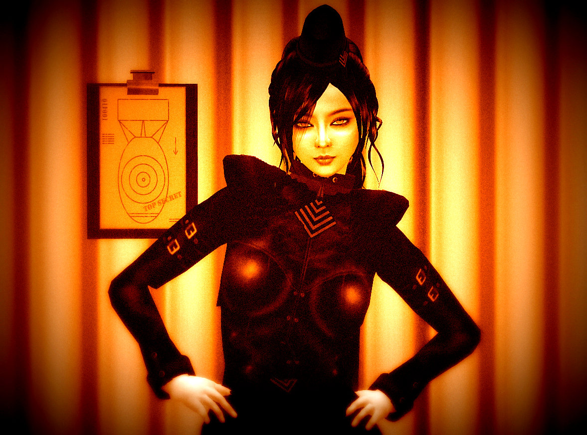 Contrasty, sepia-toned photograph of Xue Faith in a paramilitary uniform, the "G200 Executive Dress" from Jackie Graves