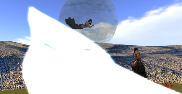 MIa Wallace in a giant bubble rolling down a ski-like slope towar Dr. Wiggles as a scene in response to a haiku by Beth Griffenhagen