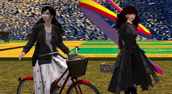 two avatars in a large field. Xue faith wears a cardigan sweater and rides a bicycle, Miso Susanowa stands in a dark dress