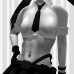 Model wearing Graves' black & white cosplay adventure outfit of white collared top, black tie, and black miniskirt.